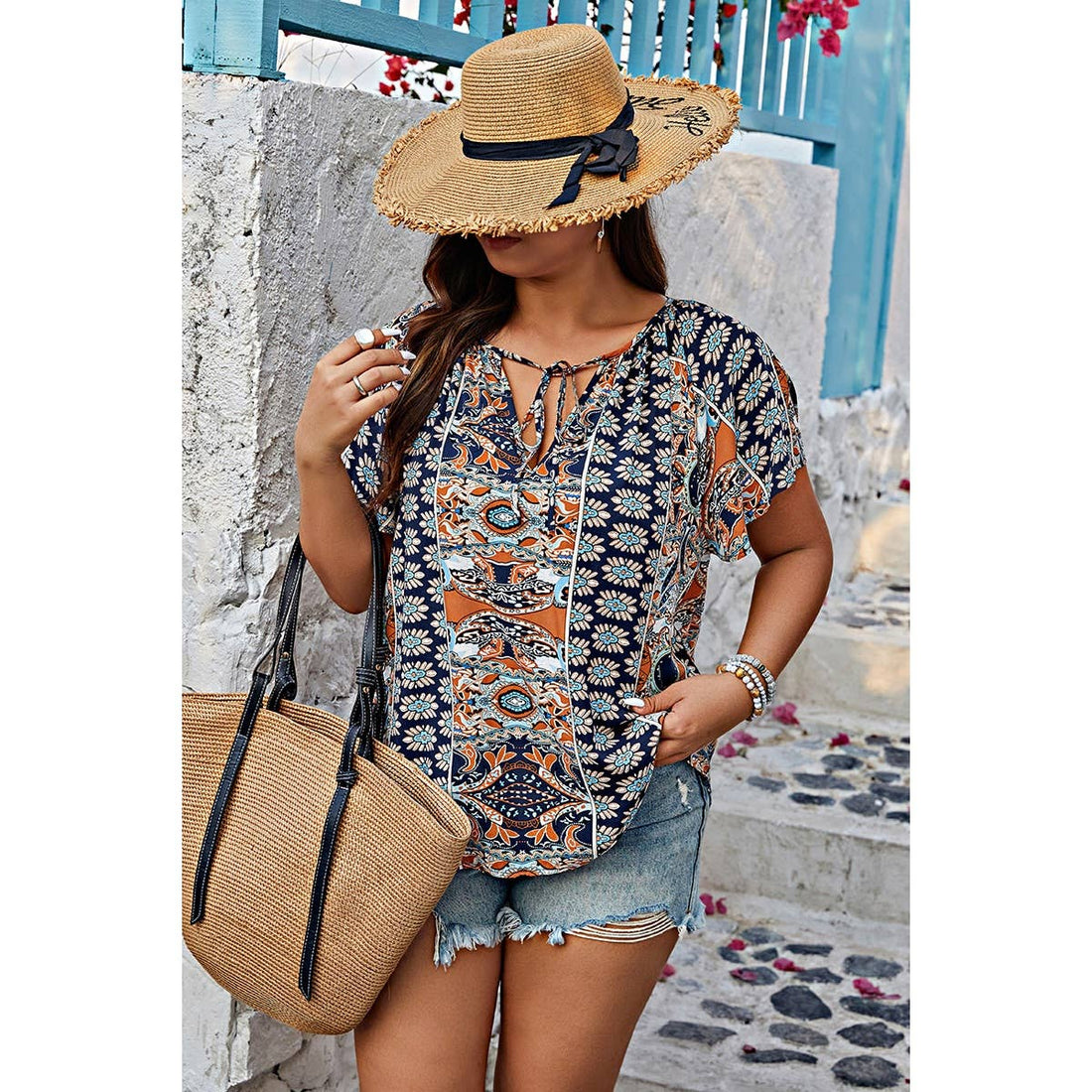 Plus Size Allover Printed Tie Front Short Sleeve Blouse