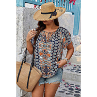 Plus Size Allover Printed Tie Front Short Sleeve Blouse
