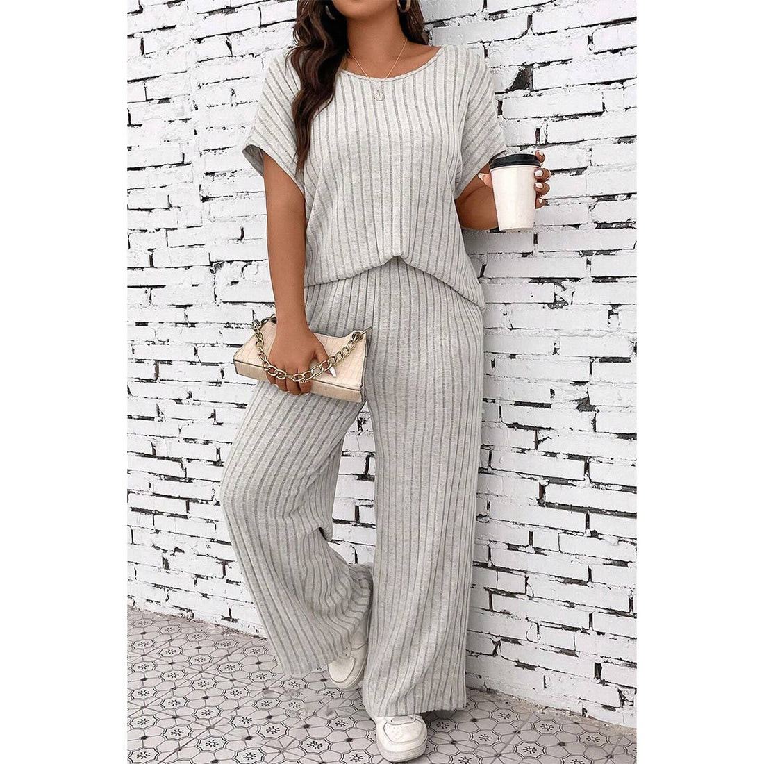 Plus Size Elastic Round Neck Strip Solid Sets