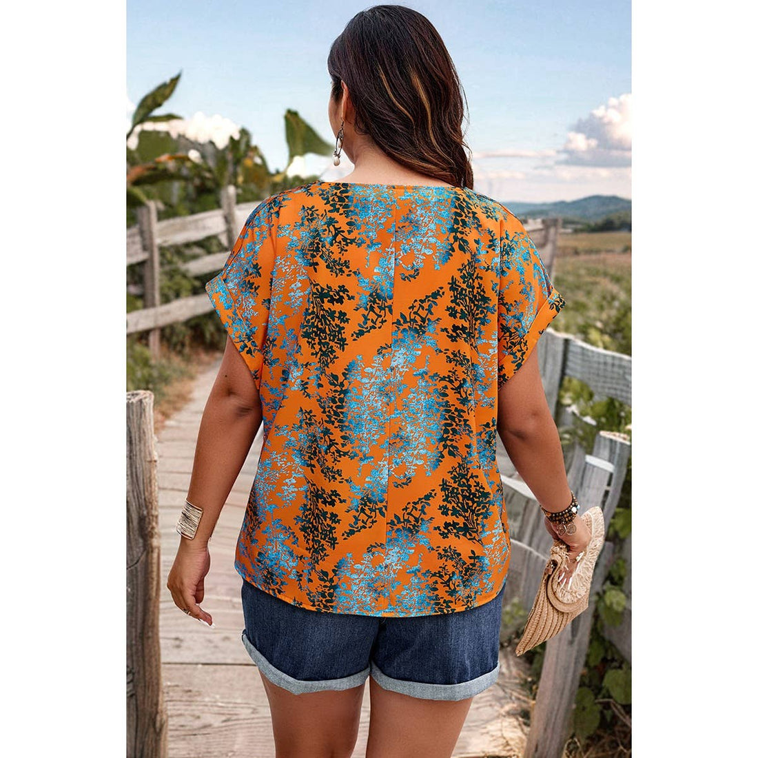 Plus Floral V Neck Batwing Sleeve Loose Shirt