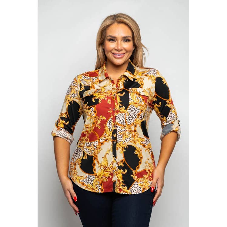 PLUS SIZE MULTI CHAIN PRINT BUTTON UP COLLARED BLOUSE