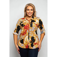 PLUS SIZE MULTI CHAIN PRINT BUTTON UP COLLARED BLOUSE