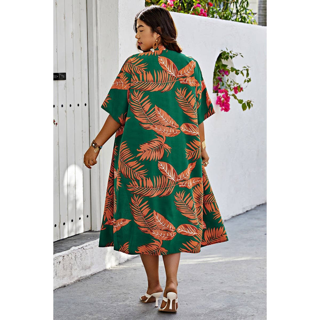 Plus Leaf Print Pockets Elastic Waist Shorts Sets