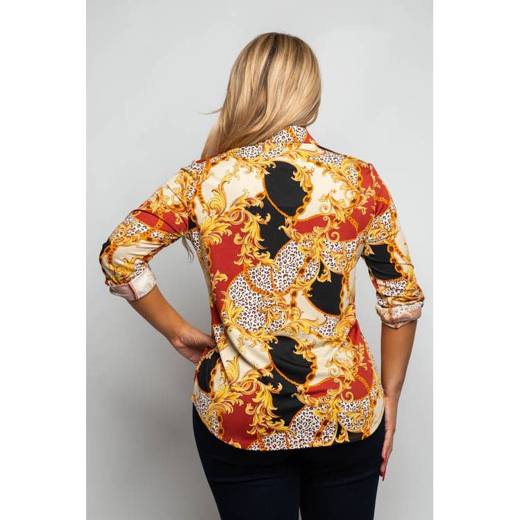 PLUS SIZE MULTI CHAIN PRINT BUTTON UP COLLARED BLOUSE