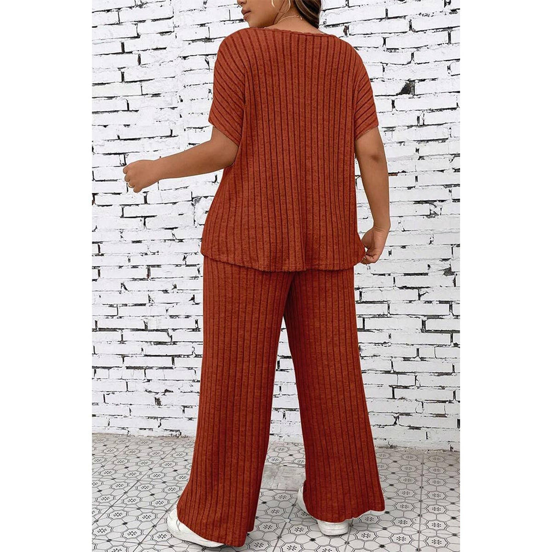 Plus Size Elastic Round Neck Strip Solid Sets