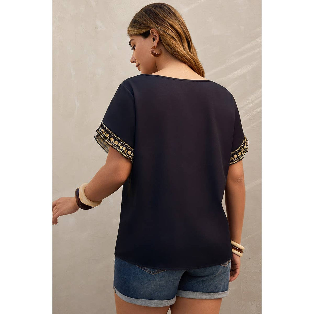 Plus Tropical Print Ruffle Hem Sleeve Blouse