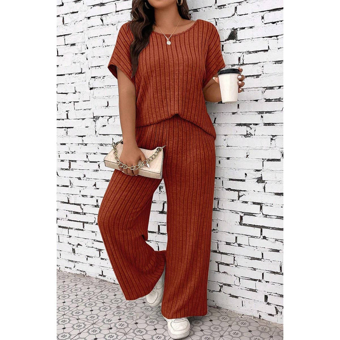 Plus Size Elastic Round Neck Strip Solid Sets