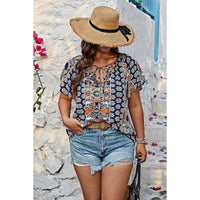Plus Size Allover Printed Tie Front Short Sleeve Blouse