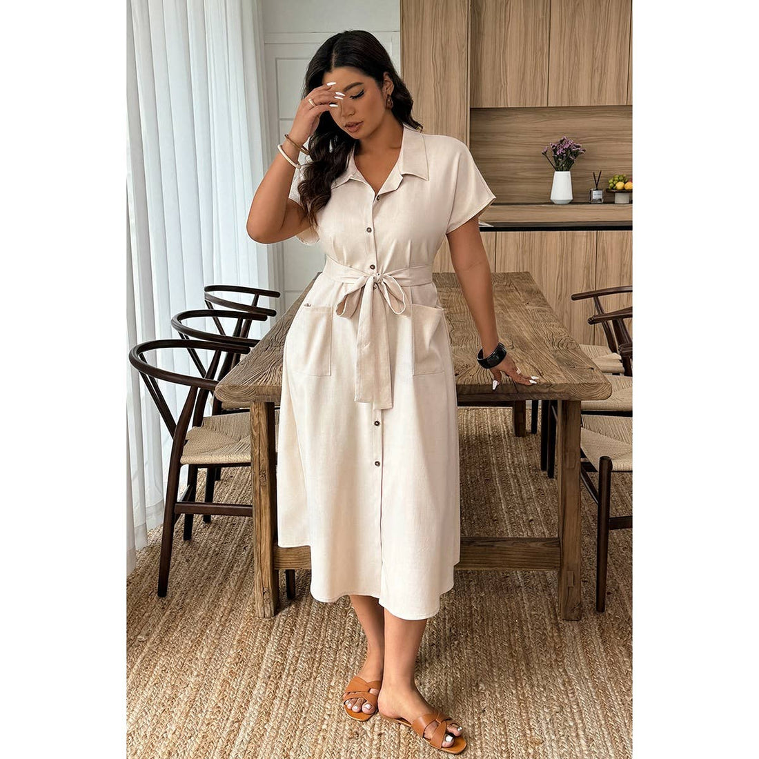 Plus Solid Button Down Straight Belted Shirt Dress