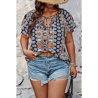 Plus Size Allover Printed Tie Front Short Sleeve Blouse