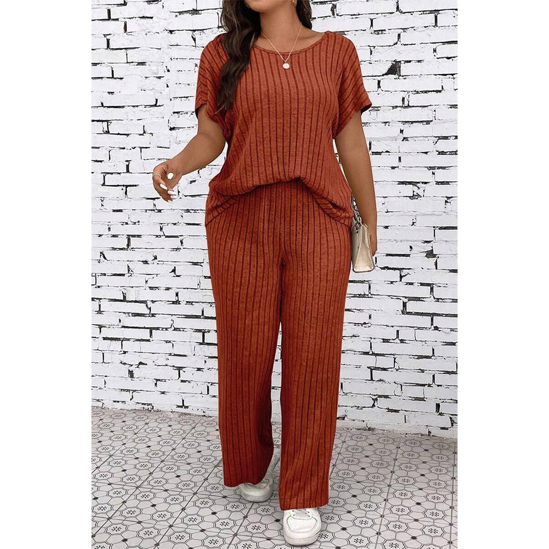 Plus Size Elastic Round Neck Strip Solid Sets