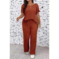 Plus Size Elastic Round Neck Strip Solid Sets