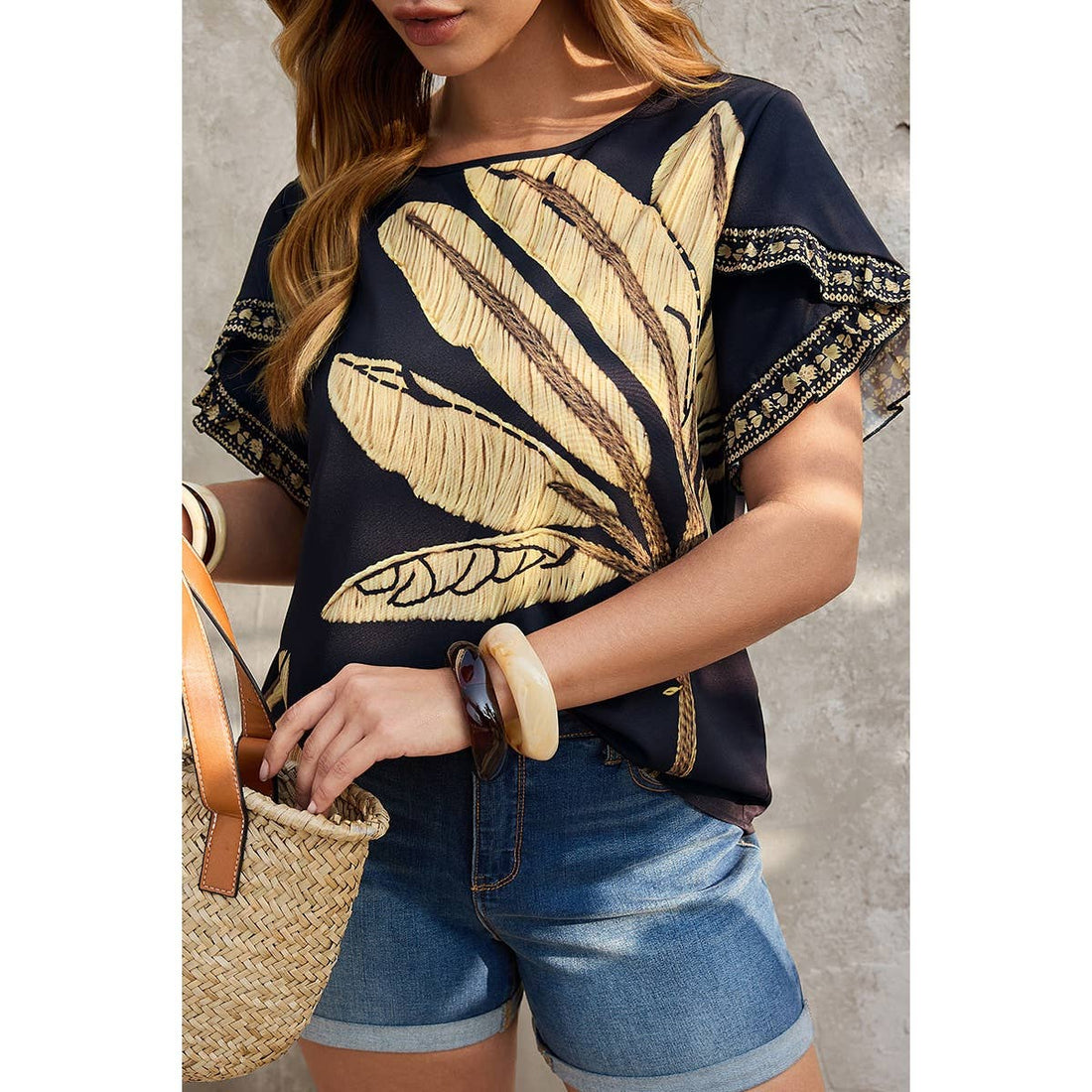 Plus Tropical Print Ruffle Hem Sleeve Blouse