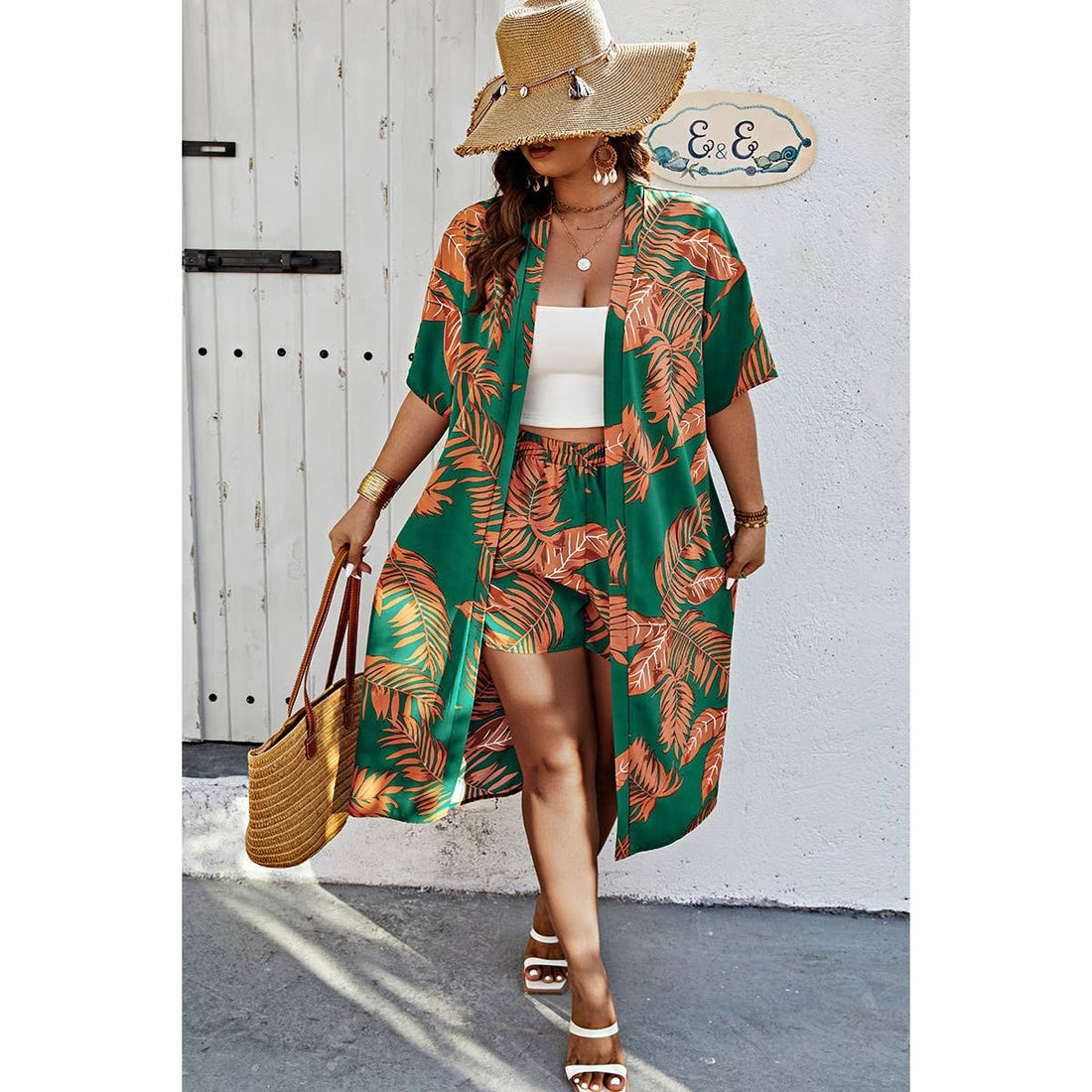 Plus Leaf Print Pockets Elastic Waist Shorts Sets