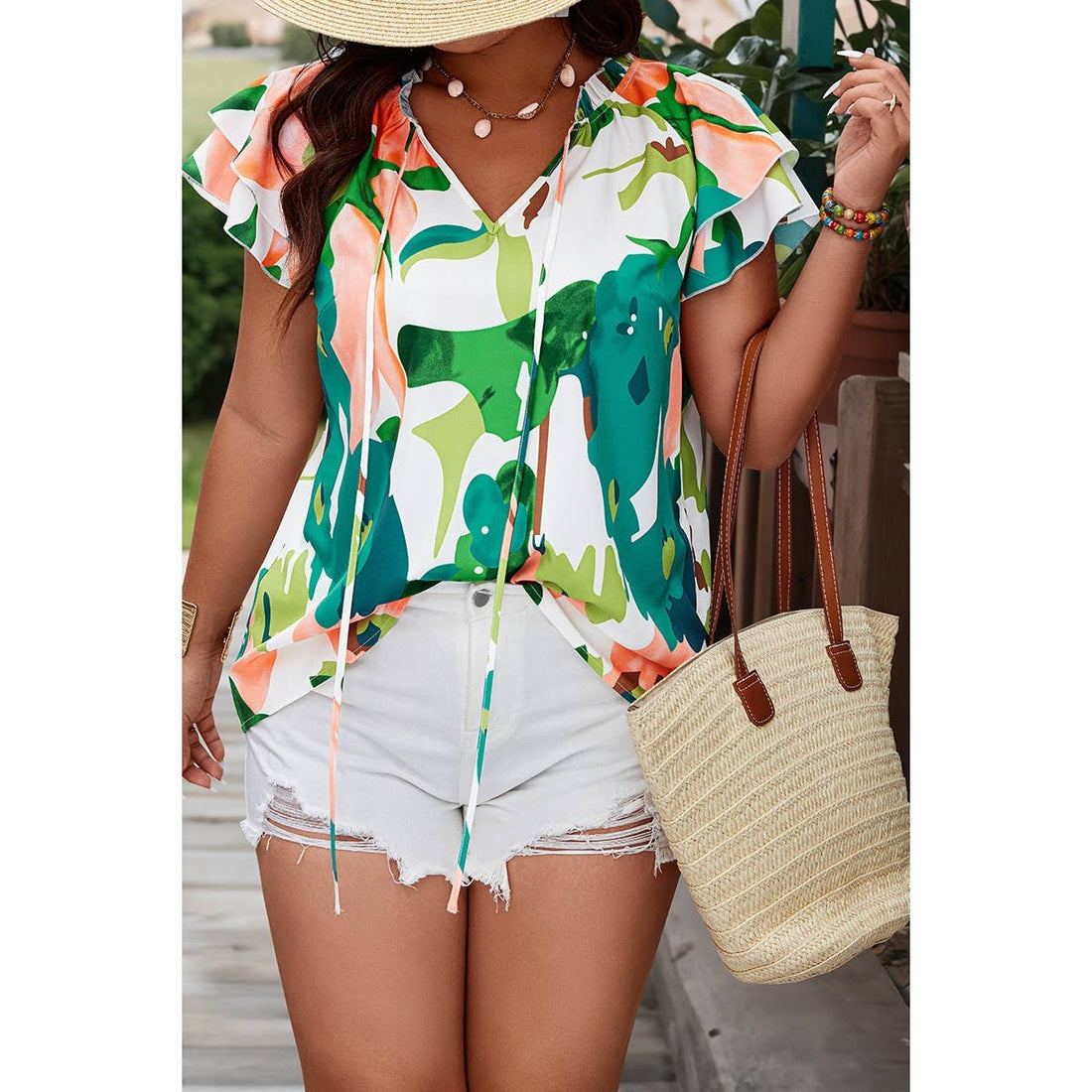 Plus Random Print Ruffled Sleeve Boho Blouse