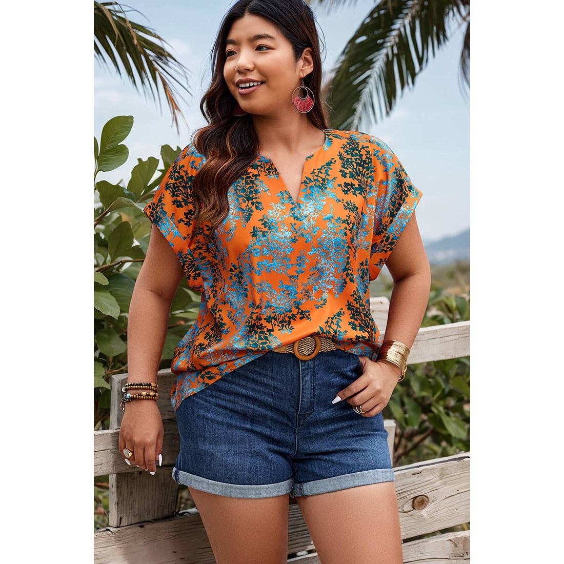 Plus Floral V Neck Batwing Sleeve Loose Shirt