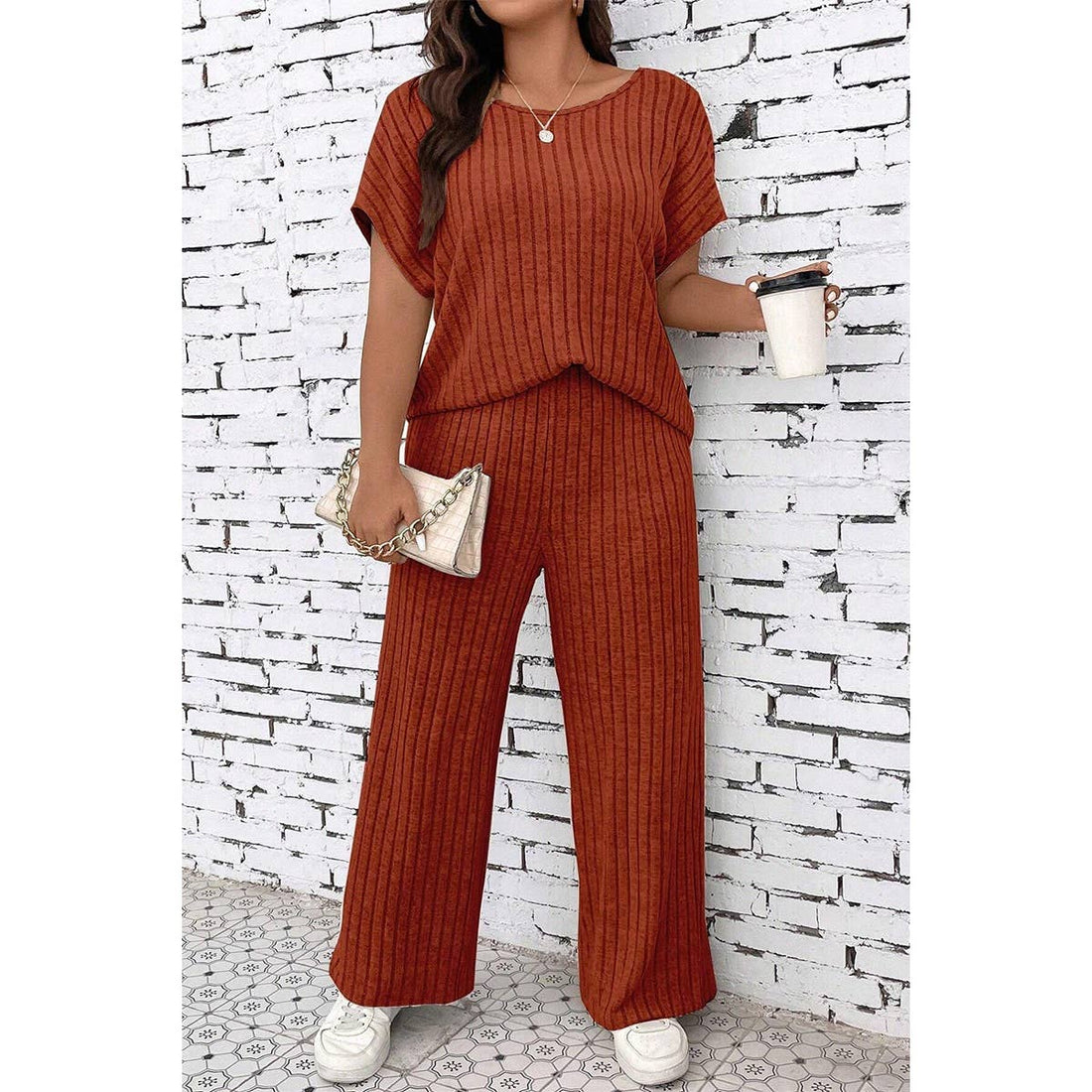 Plus Size Elastic Round Neck Strip Solid Sets