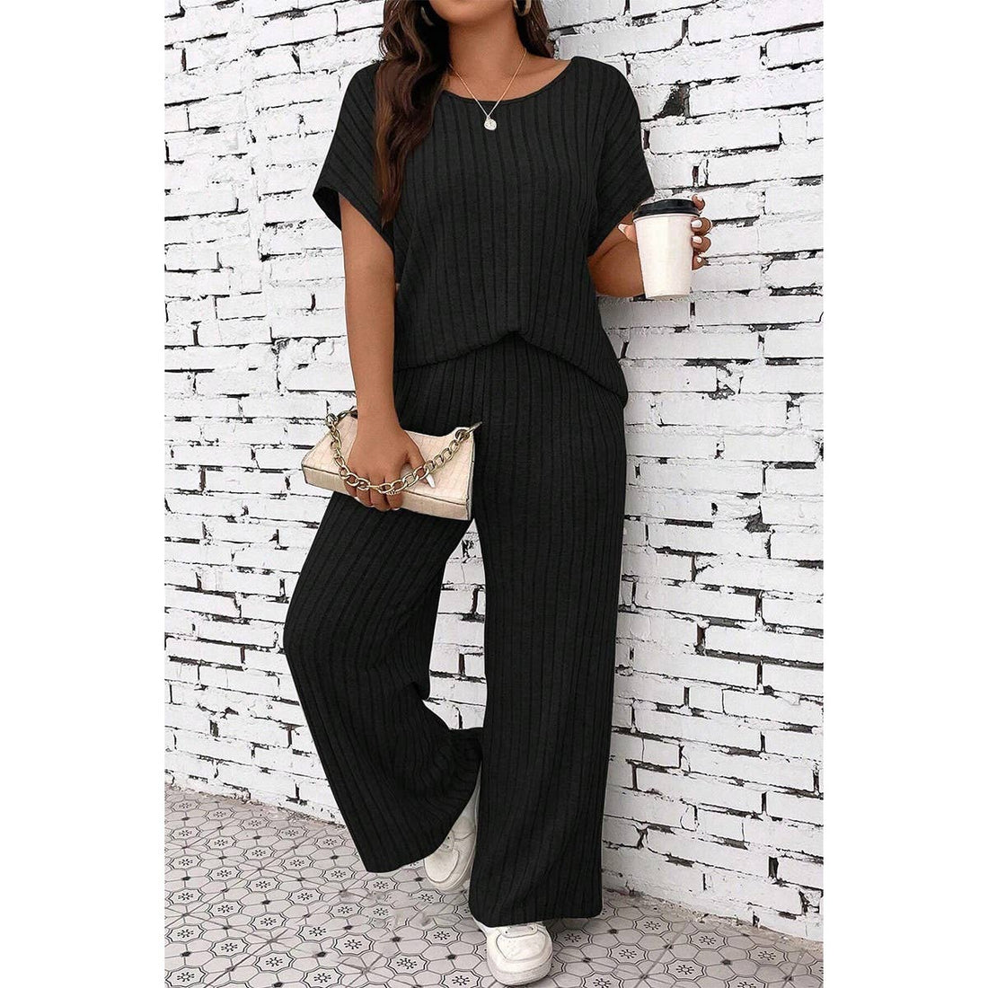 Plus Size Elastic Round Neck Strip Solid Sets