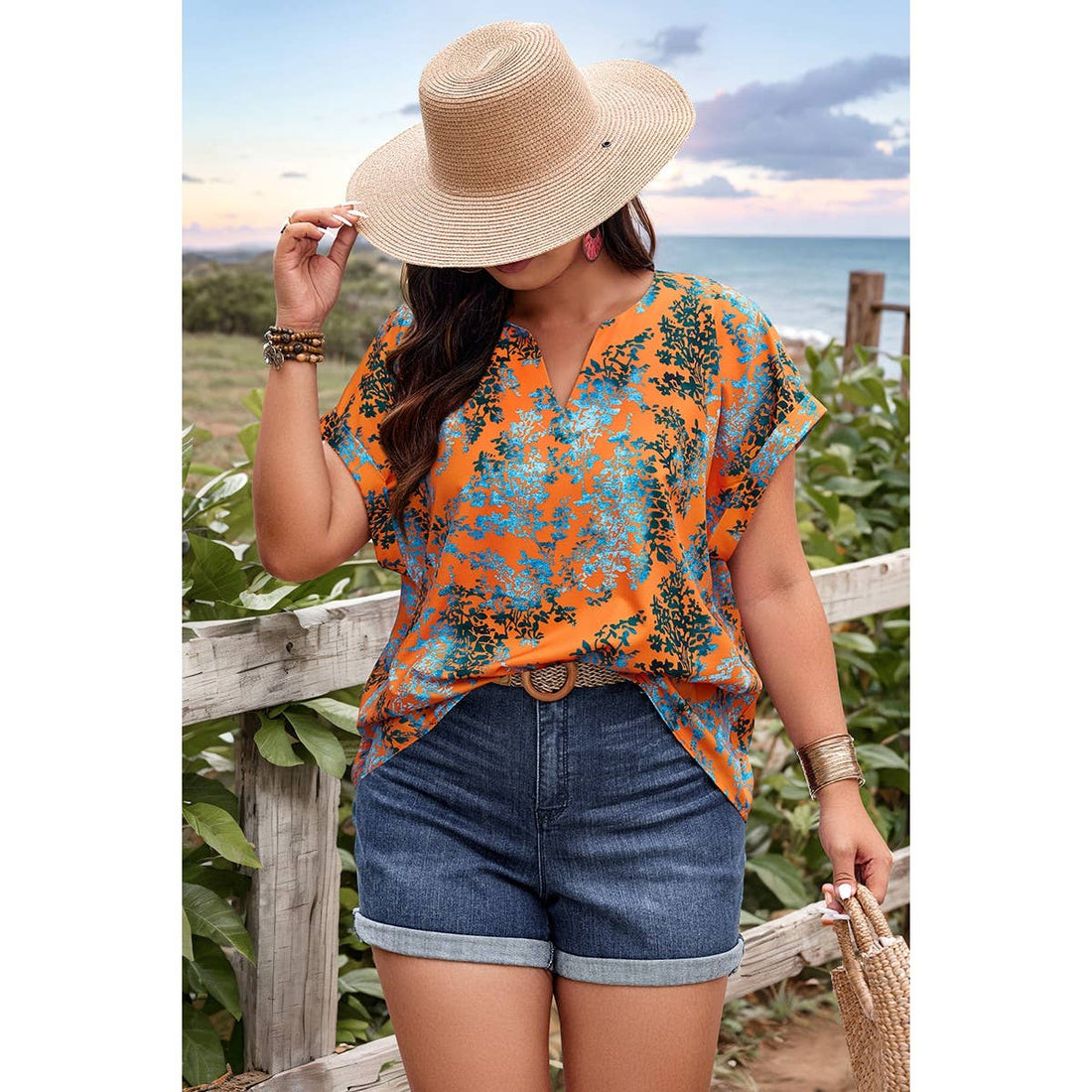 Plus Floral V Neck Batwing Sleeve Loose Shirt