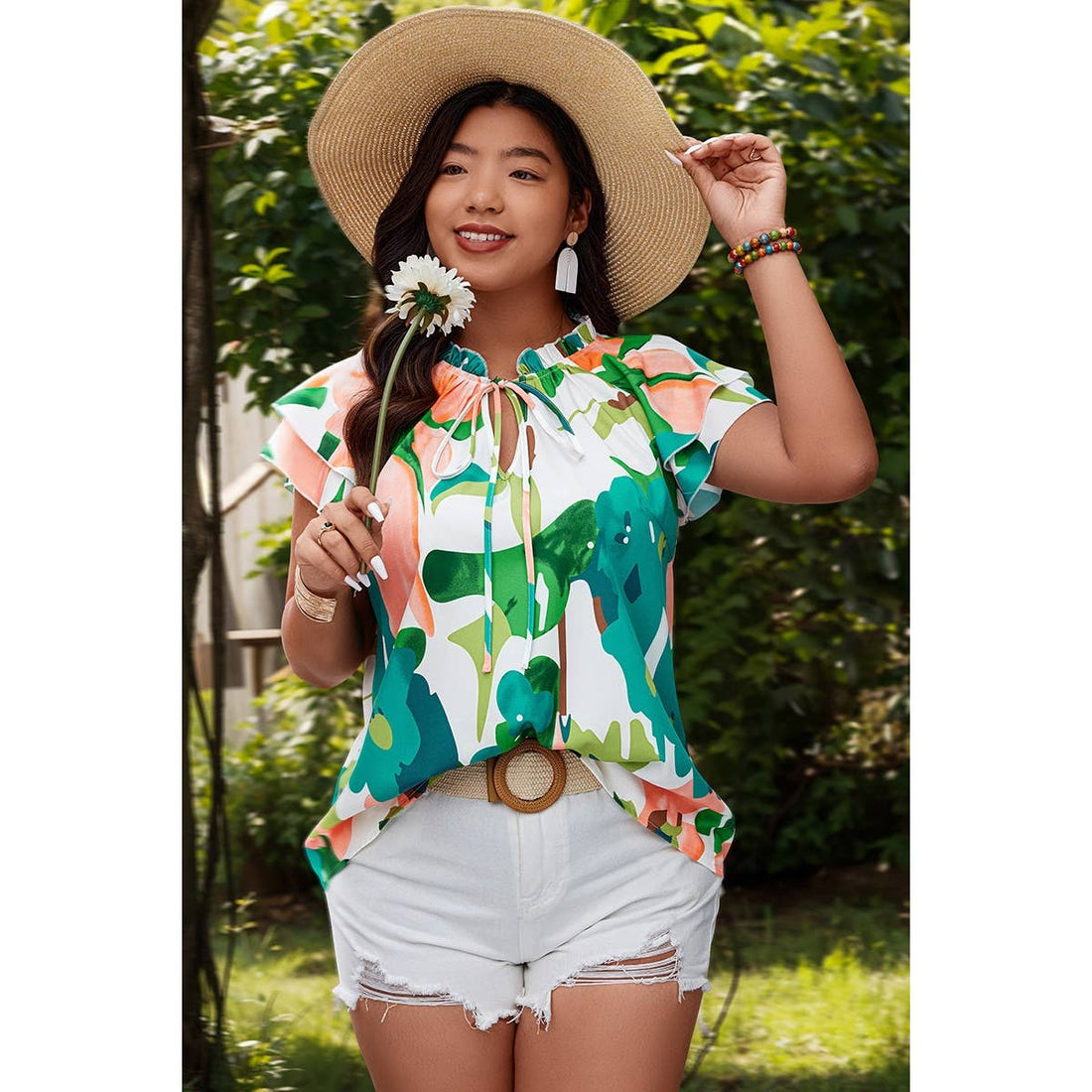 Plus Random Print Ruffled Sleeve Boho Blouse