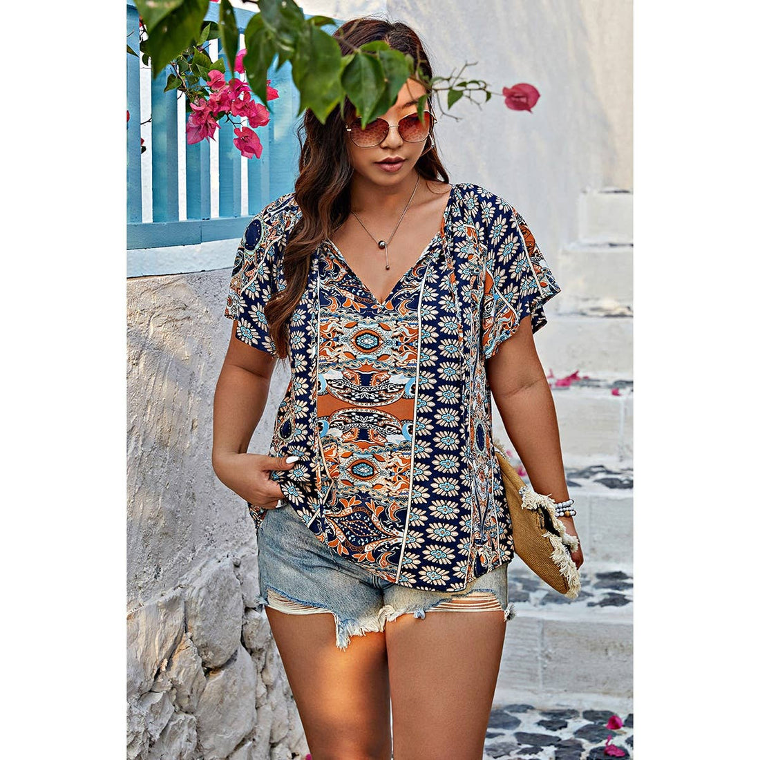 Plus Size Allover Printed Tie Front Short Sleeve Blouse