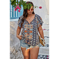 Plus Size Allover Printed Tie Front Short Sleeve Blouse