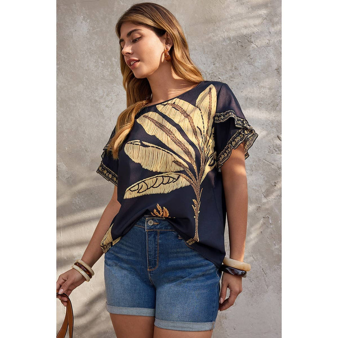 Plus Tropical Print Ruffle Hem Sleeve Blouse