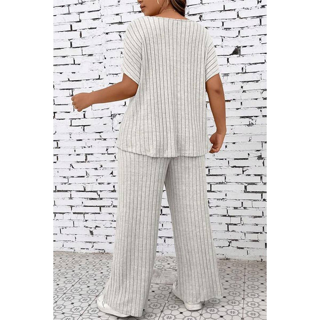 Plus Size Elastic Round Neck Strip Solid Sets