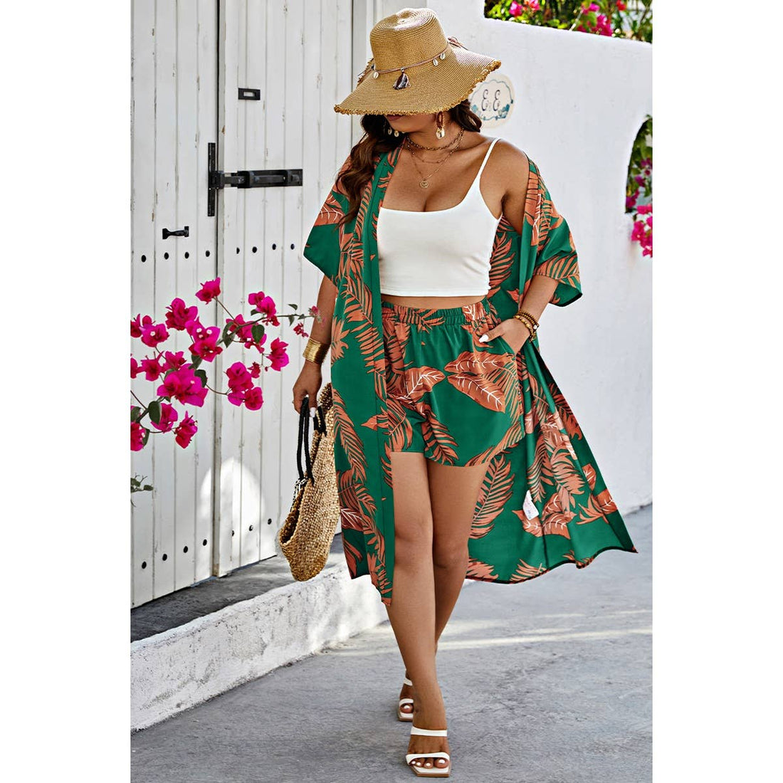 Plus Leaf Print Pockets Elastic Waist Shorts Sets