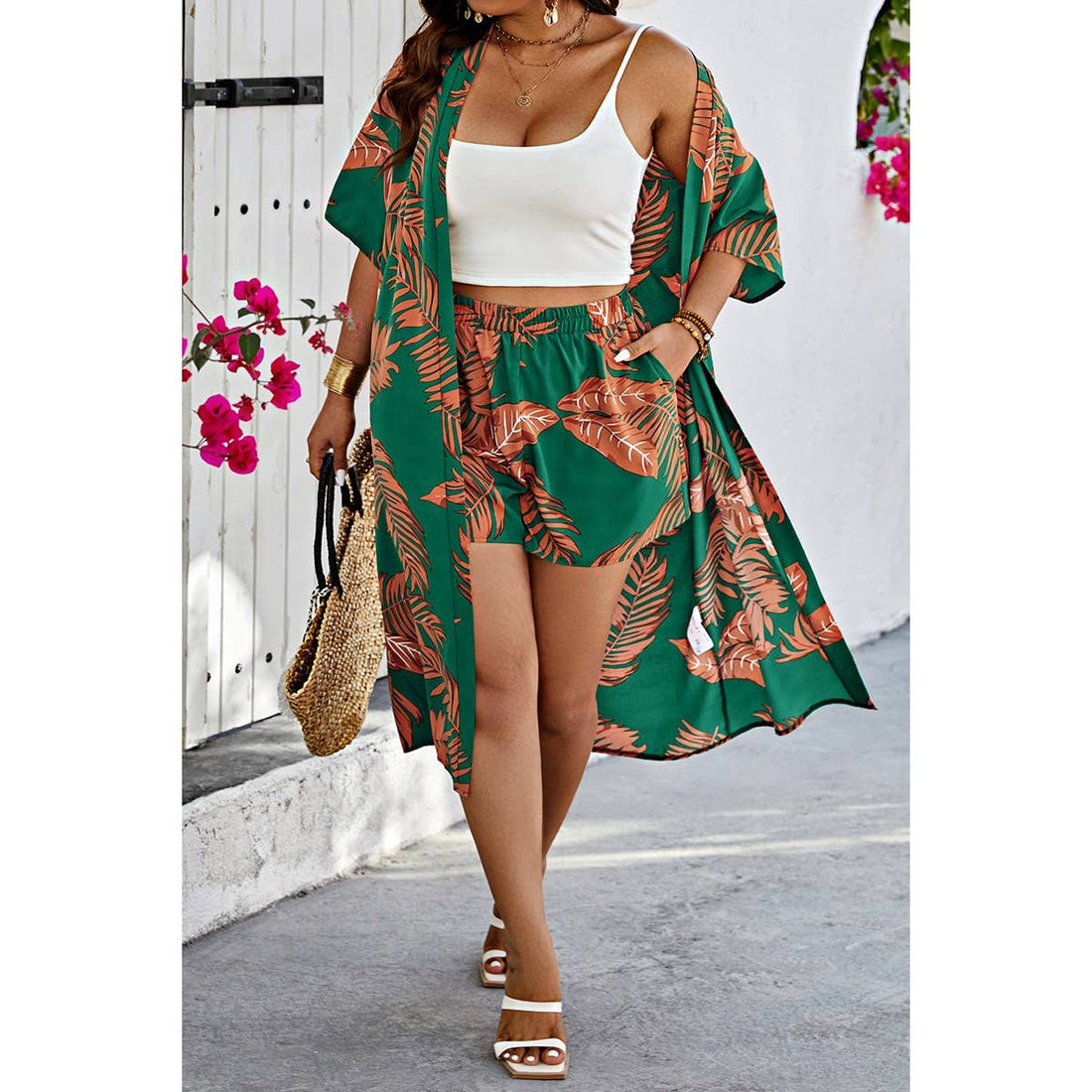 Plus Leaf Print Pockets Elastic Waist Shorts Sets