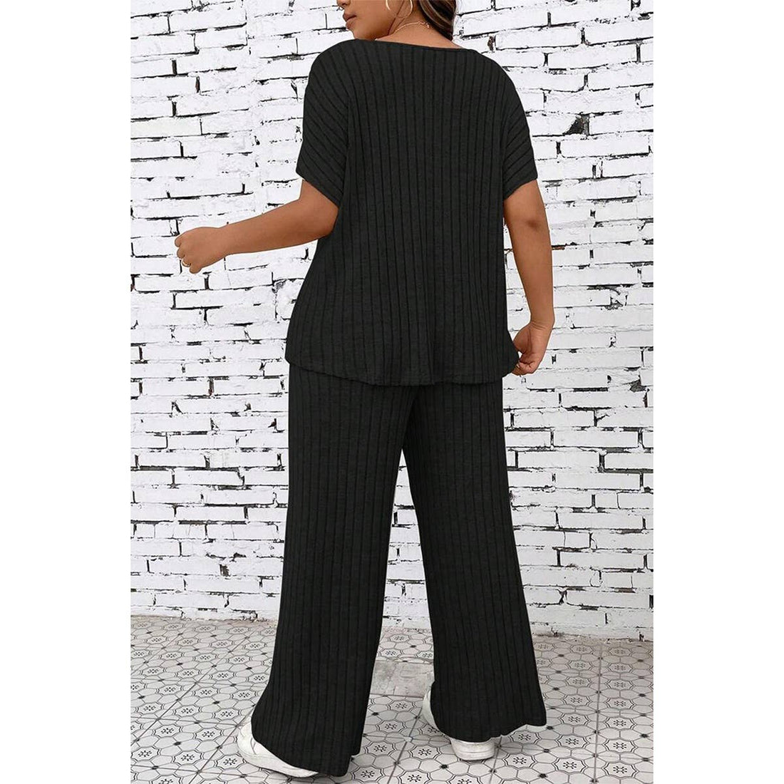 Plus Size Elastic Round Neck Strip Solid Sets