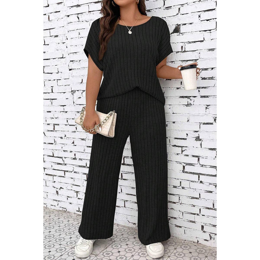 Plus Size Elastic Round Neck Strip Solid Sets