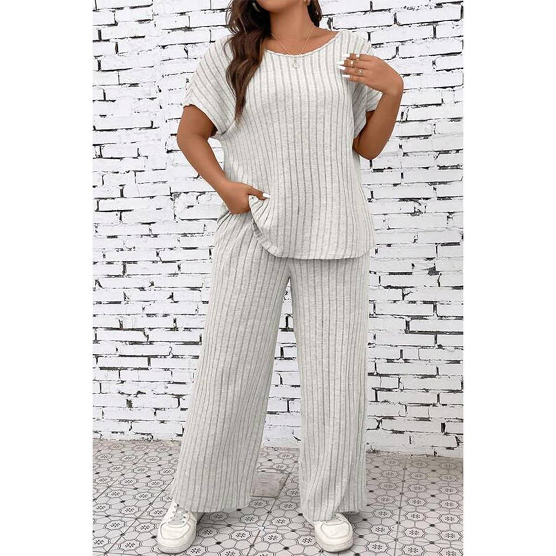 Plus Size Elastic Round Neck Strip Solid Sets