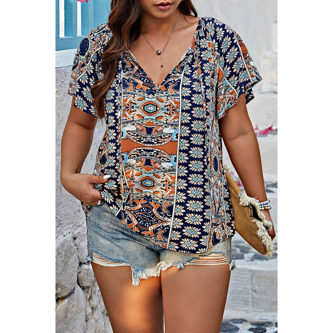 Plus Size Allover Printed Tie Front Short Sleeve Blouse