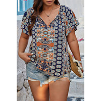 Plus Size Allover Printed Tie Front Short Sleeve Blouse