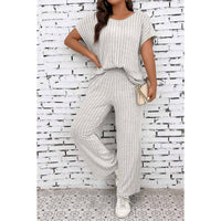 Plus Size Elastic Round Neck Strip Solid Sets