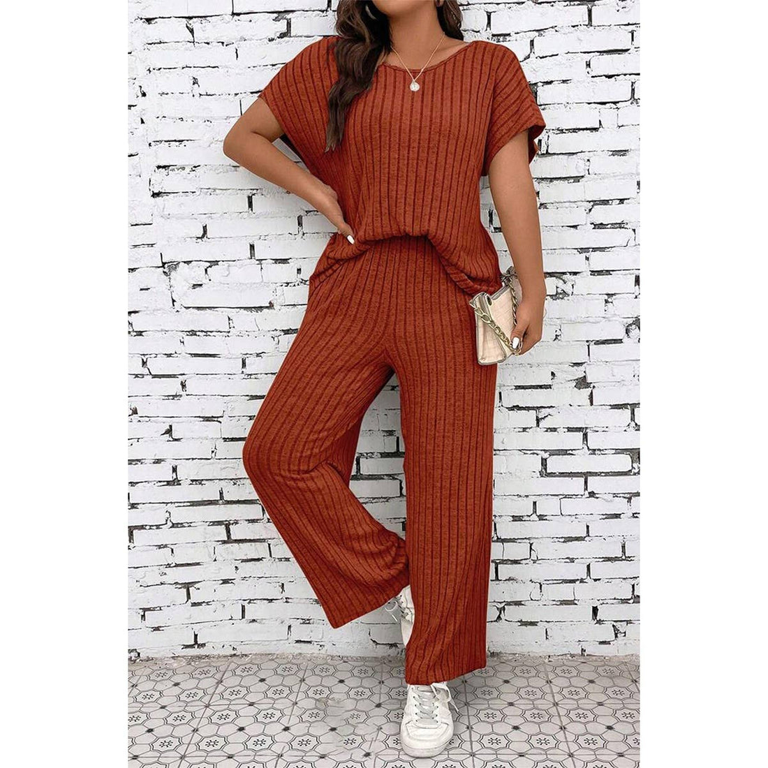 Plus Size Elastic Round Neck Strip Solid Sets