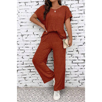 Plus Size Elastic Round Neck Strip Solid Sets