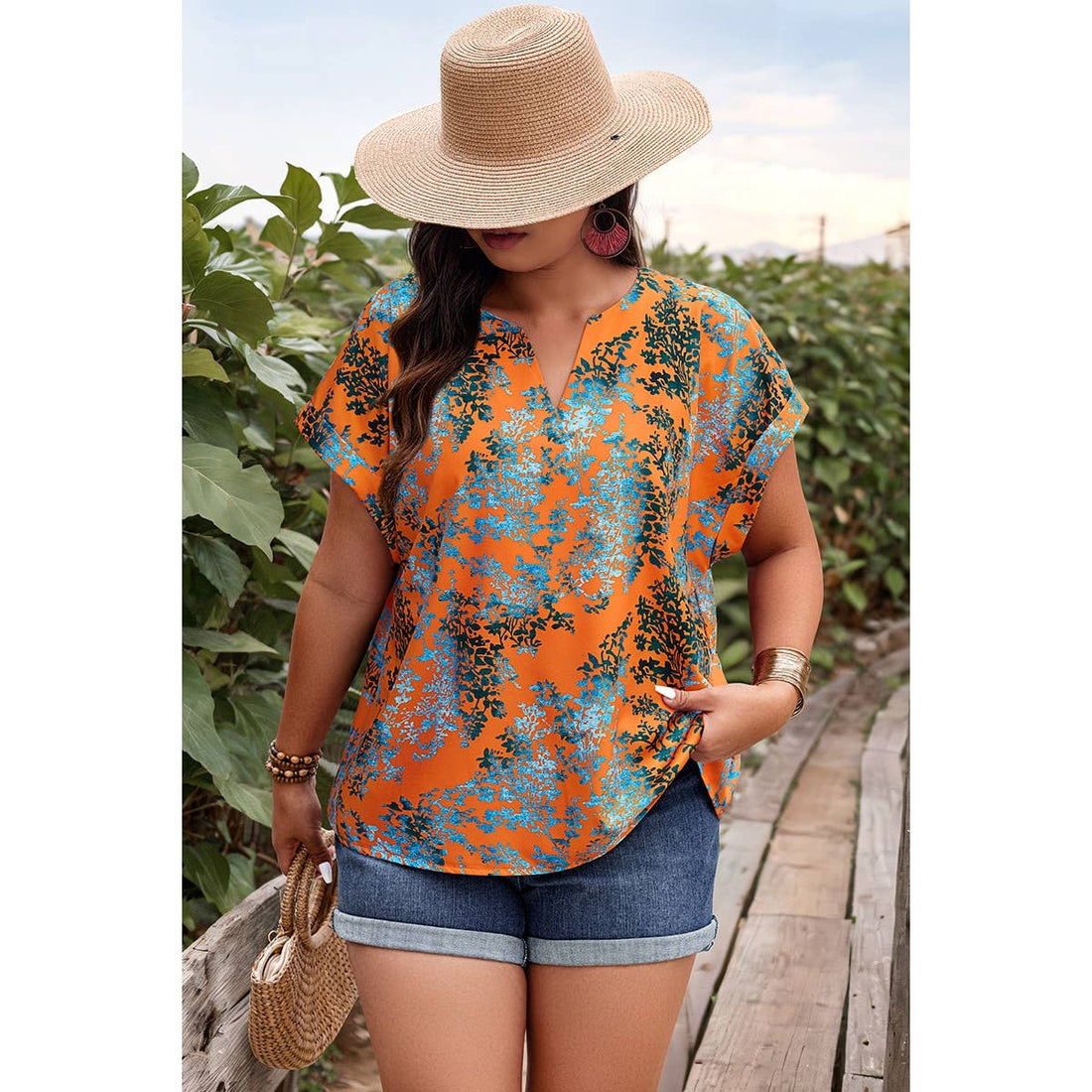Plus Floral V Neck Batwing Sleeve Loose Shirt