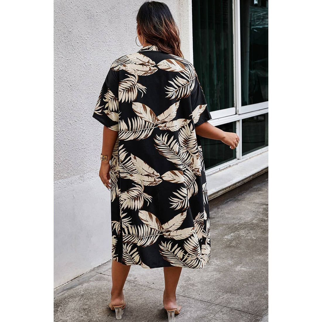 Plus Leaf Print Pockets Elastic Waist Shorts Sets