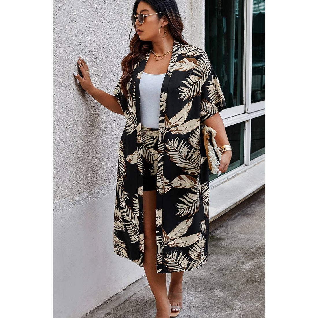 Plus Leaf Print Pockets Elastic Waist Shorts Sets