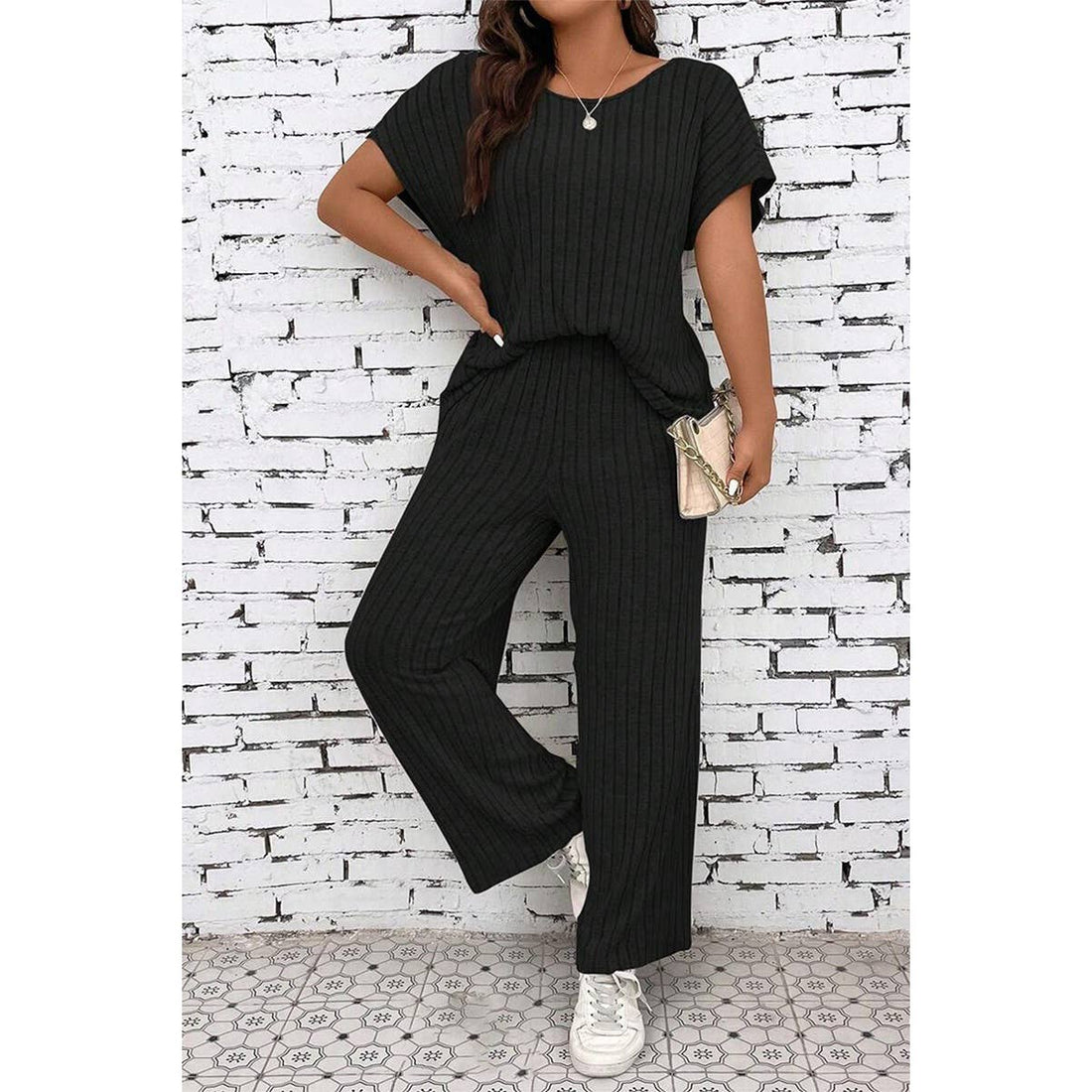 Plus Size Elastic Round Neck Strip Solid Sets