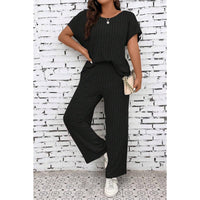 Plus Size Elastic Round Neck Strip Solid Sets