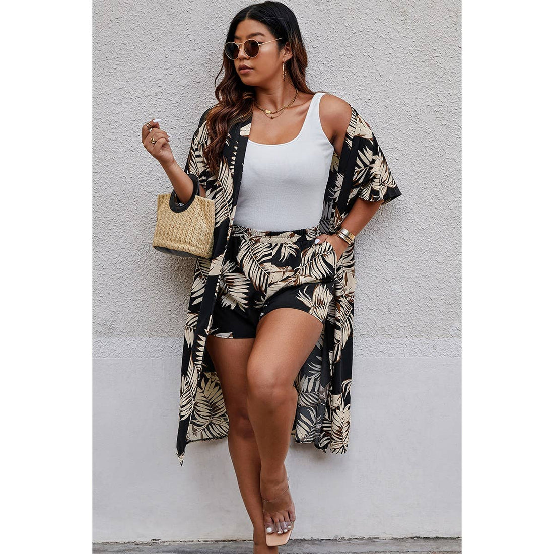 Plus Leaf Print Pockets Elastic Waist Shorts Sets