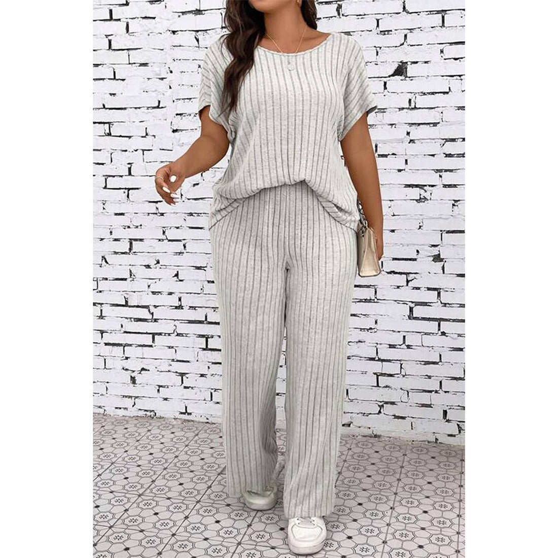 Plus Size Elastic Round Neck Strip Solid Sets