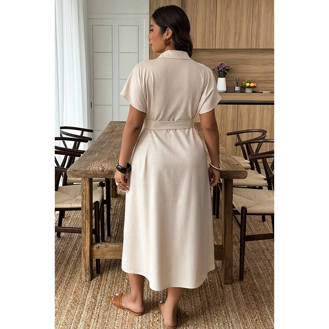 Plus Solid Button Down Straight Belted Shirt Dress