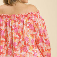 Sheer Floral Print Metallic Threading Long Sleeve Off Shoulder Top With High Low Hem