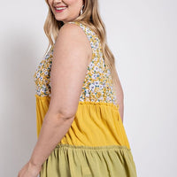 Floral Color Block Ruffle Detail Tiered V-neck Top