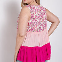 Floral Color Block Ruffle Detail Tiered V-neck Top
