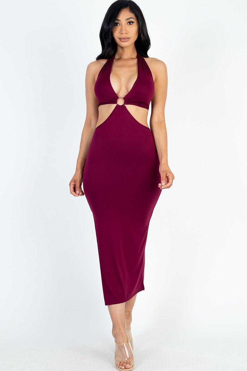 Cut-out Halter Neck Double Back Tie Split Thigh Midi Dress - Passion 4 Fashion USA